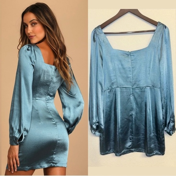 Size L - NWOT Lulus Got The Love Slate Blue Satin Square-Neck Mini Dress - Picture 9 of 10